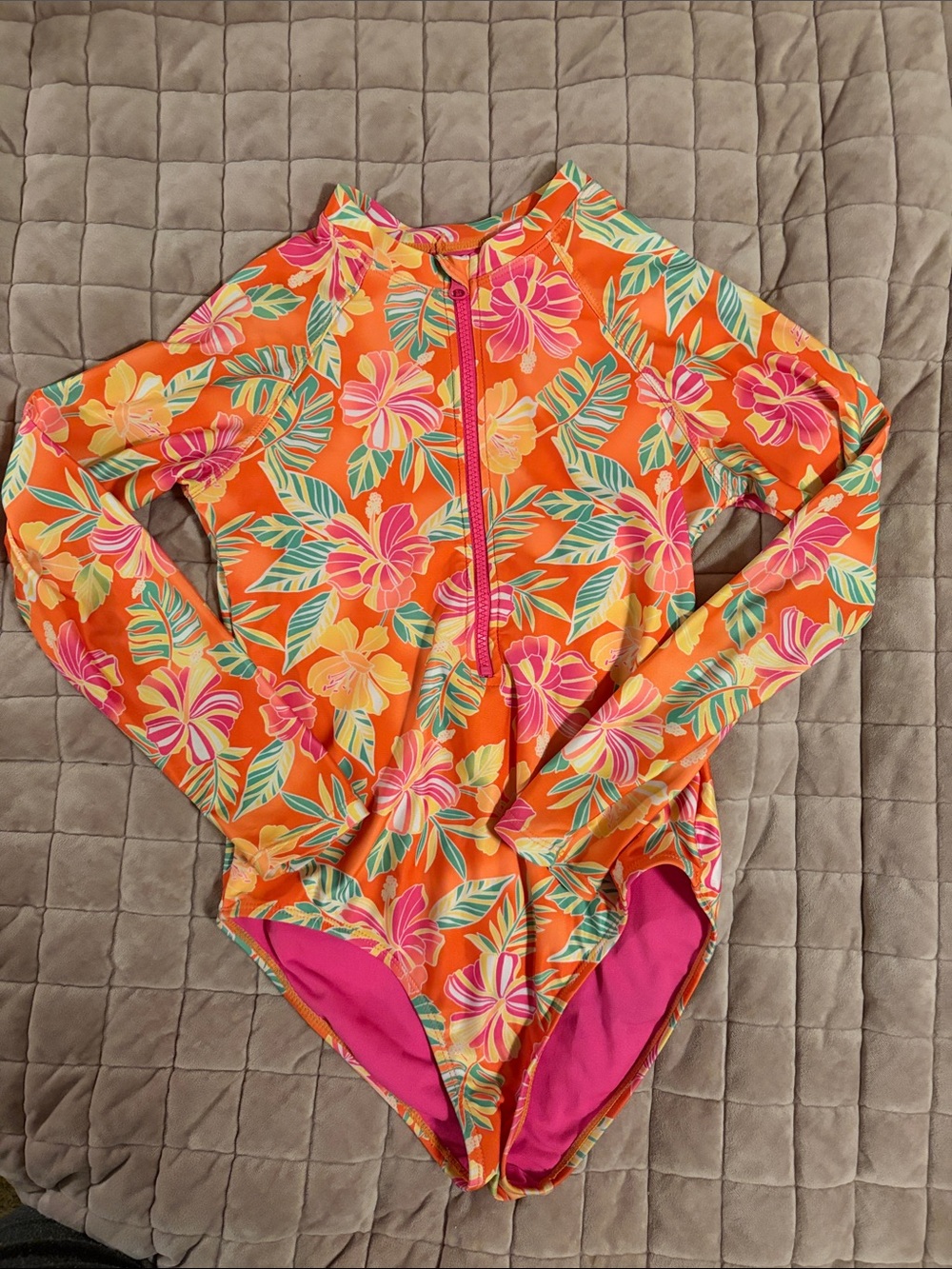 Kids Orange Floral Long-Sleeve Swim One-Piece Size L (10/12)